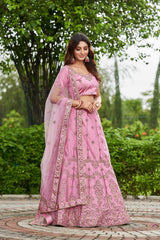 Pink Satin Silk Embroidery Round Neck Lehenga