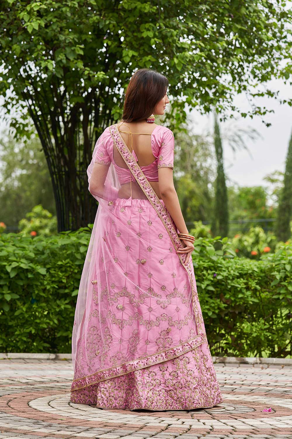 Pink Satin Silk Embroidery Round Neck Lehenga