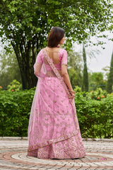 Pink Satin Silk Embroidery Round Neck Lehenga