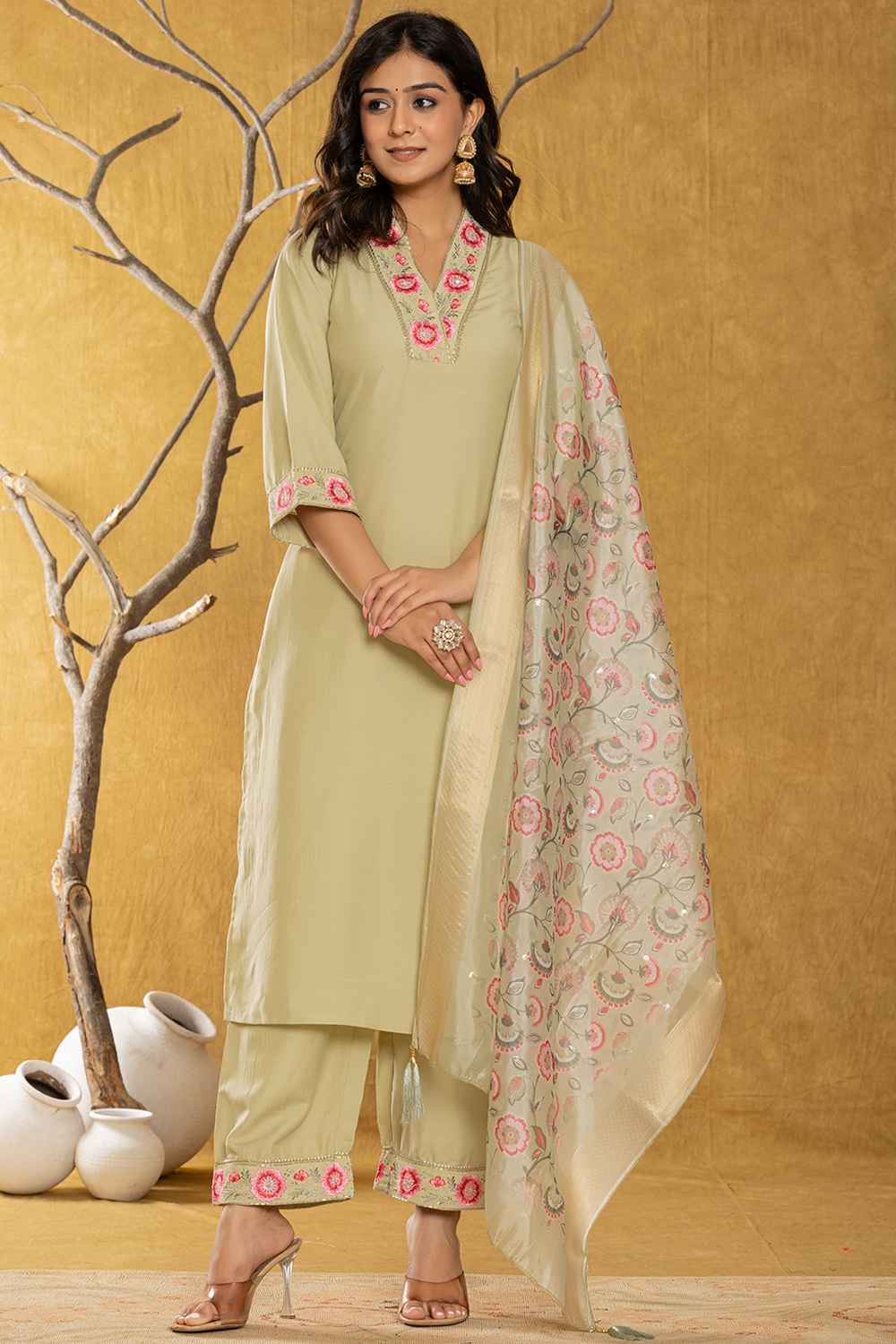 Green Thread Work Silk Kurta Set