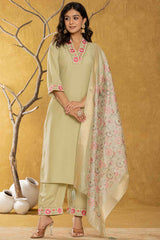 Green Thread Work Silk Kurti Set