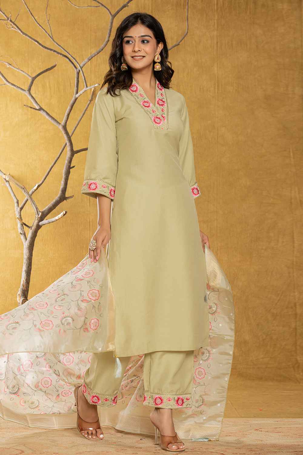 Green Thread Work Silk Kurti Set