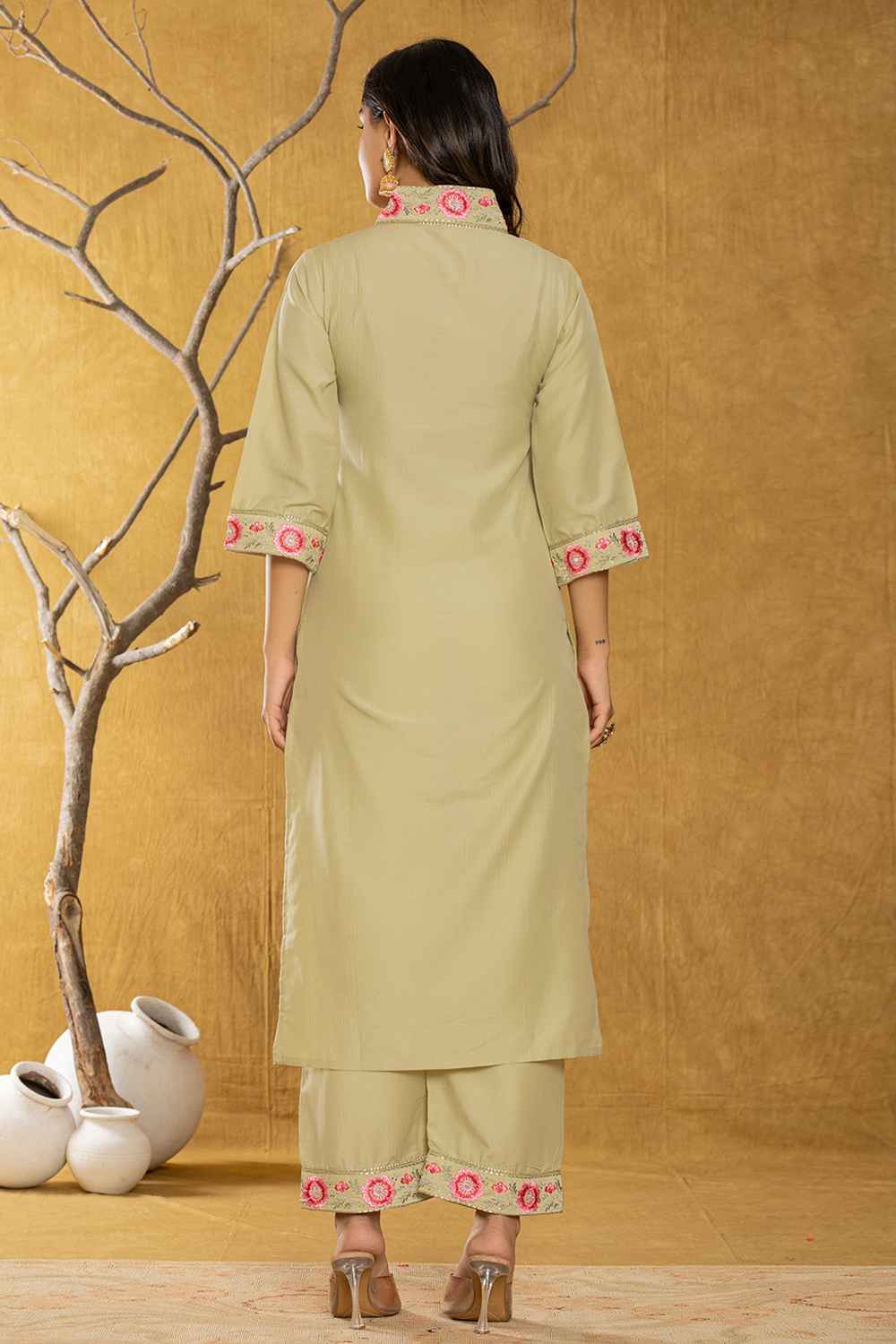 Green Thread Work Silk Kurta Set