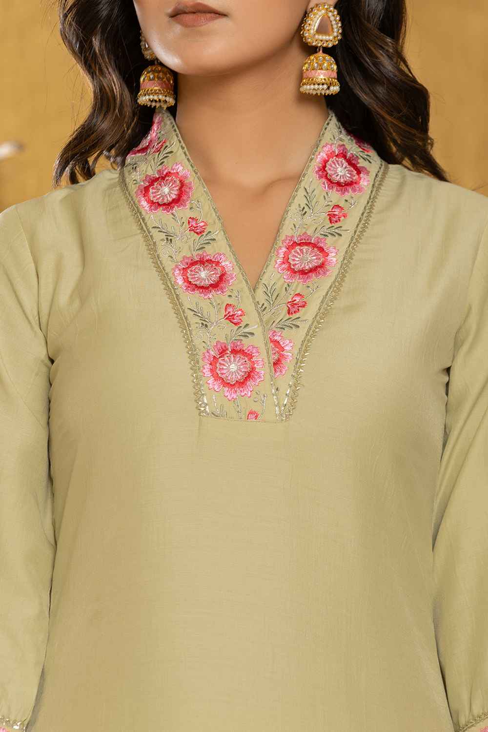 Green Thread Work Silk Kurta Set