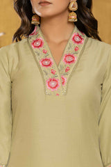 Green Thread Work Silk Kurti Set