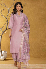 Violet Embroidered Silk Kurti Set