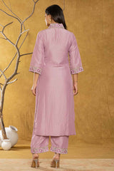 Violet Embroidered Silk Kurti Set