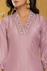 Violet Embroidered Silk Kurti Set