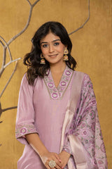 Violet Embroidered Silk Kurti Set