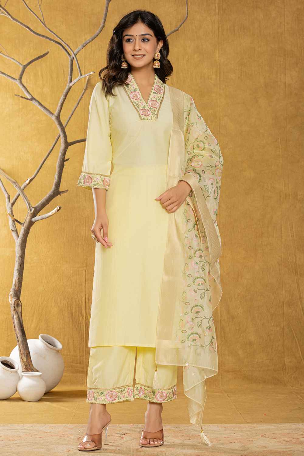 Yellow Thread Work Silk Kurti Set