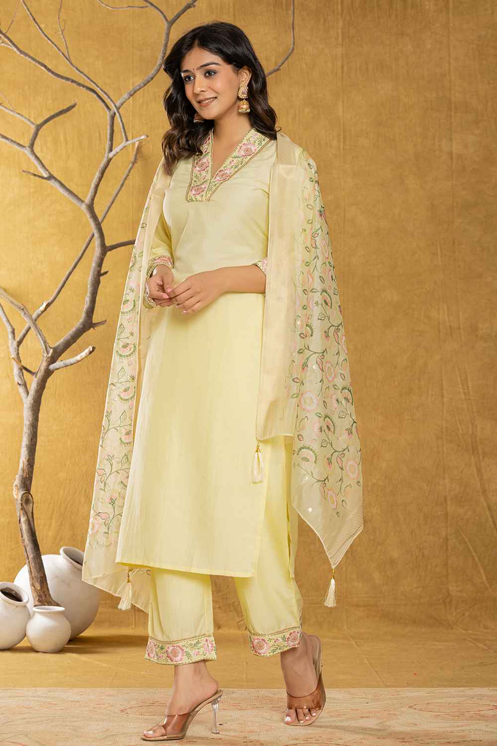 Yellow Thread Work Silk Kurta Set