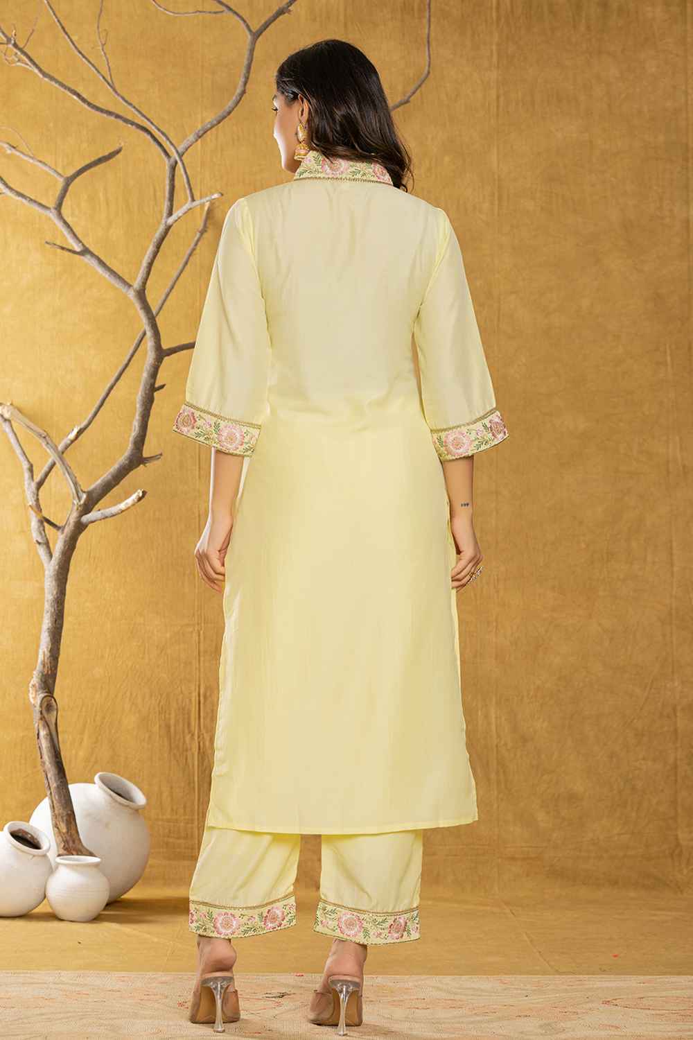 Yellow Thread Work Silk Kurta Set