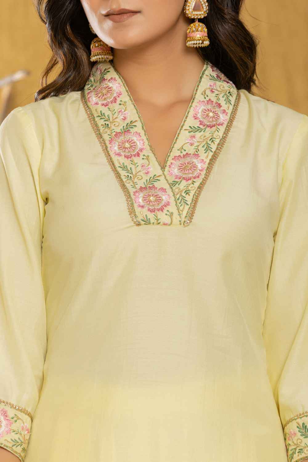 Yellow Thread Work Silk Kurti Set