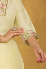 Yellow Thread Work Silk Kurti Set