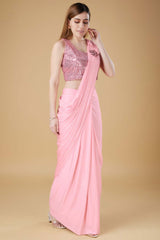 Pink Embellished Lycra Saree With Free Size Blouse