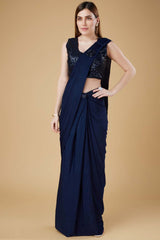 Blue Embellished Lycra Saree With Free Size Blouse