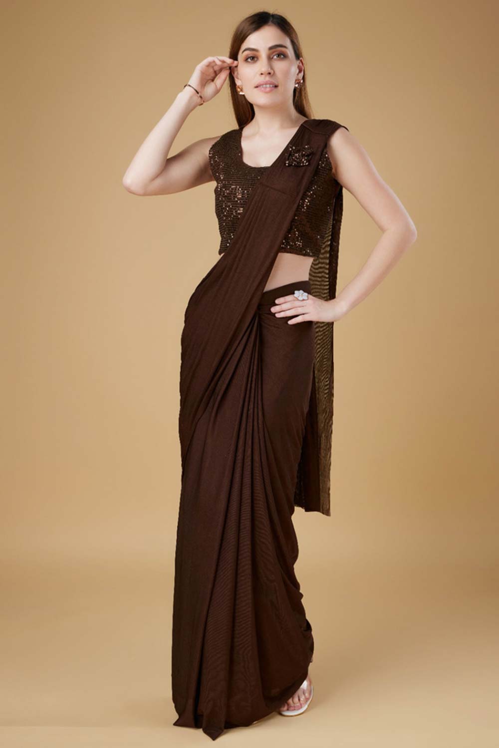 Brown Embellished Lycra Saree With Free Size Blouse