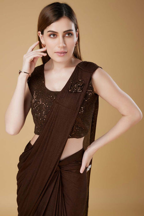 Brown Embellished Lycra Saree With Free Size Blouse