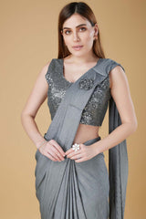 Grey Embellished Lycra Saree With Free Size Blouse