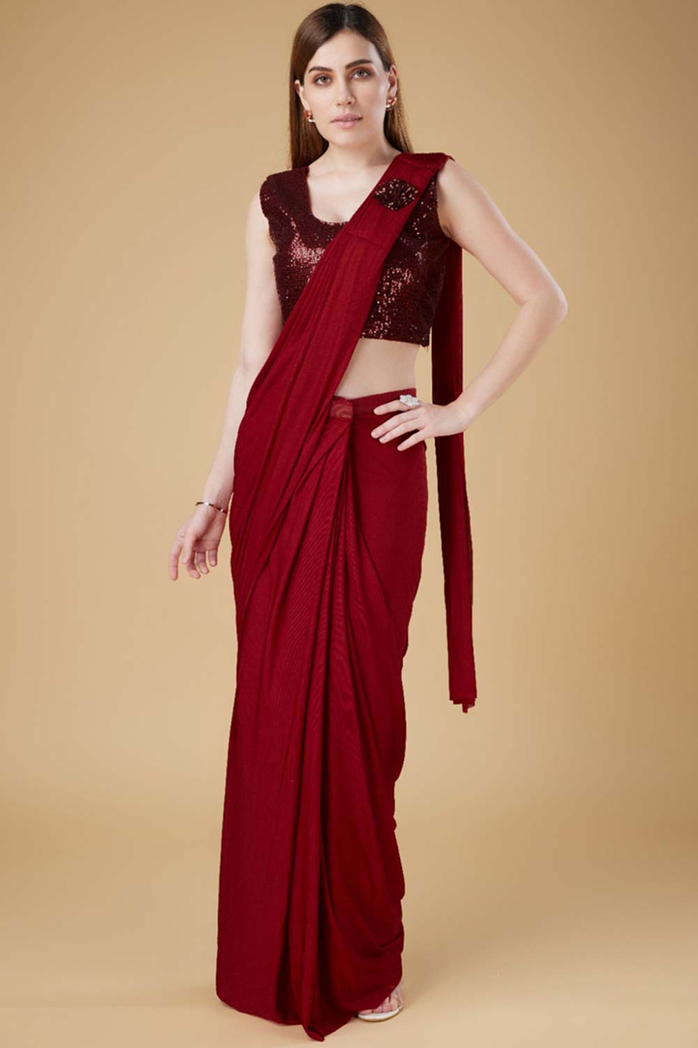 Red Embellished Lycra Saree With Free Size Blouse