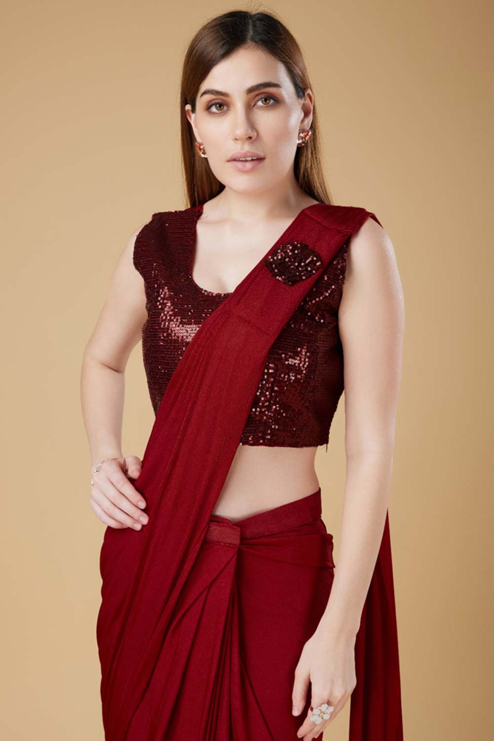 Red Embellished Lycra Saree With Free Size Blouse