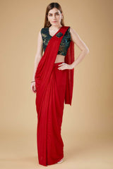 Red Embellished Lycra Saree With Free Size Blouse