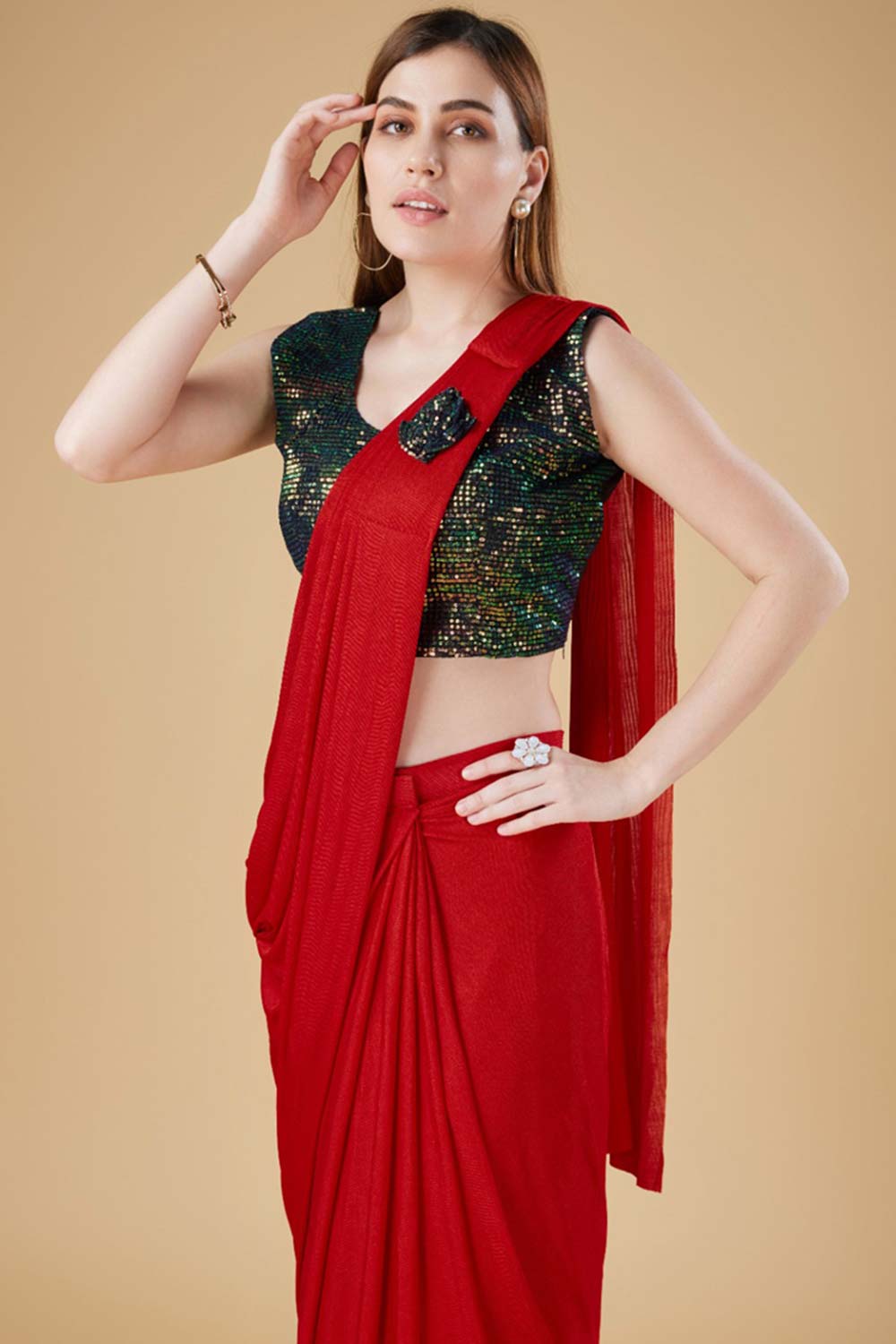 Red Embellished Lycra Saree With Free Size Blouse