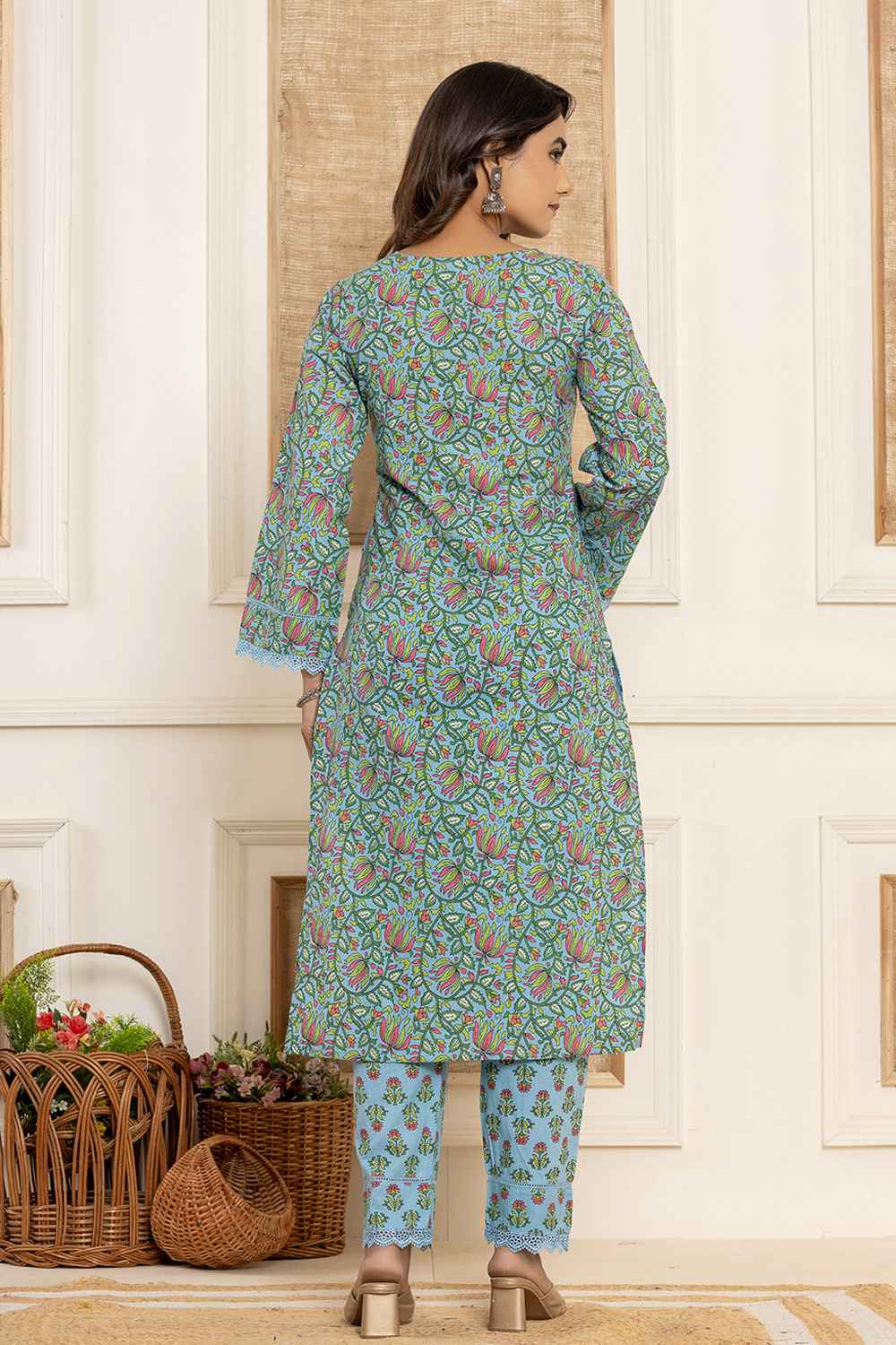 Blue Geometric print Pure Cotton Kurta Set