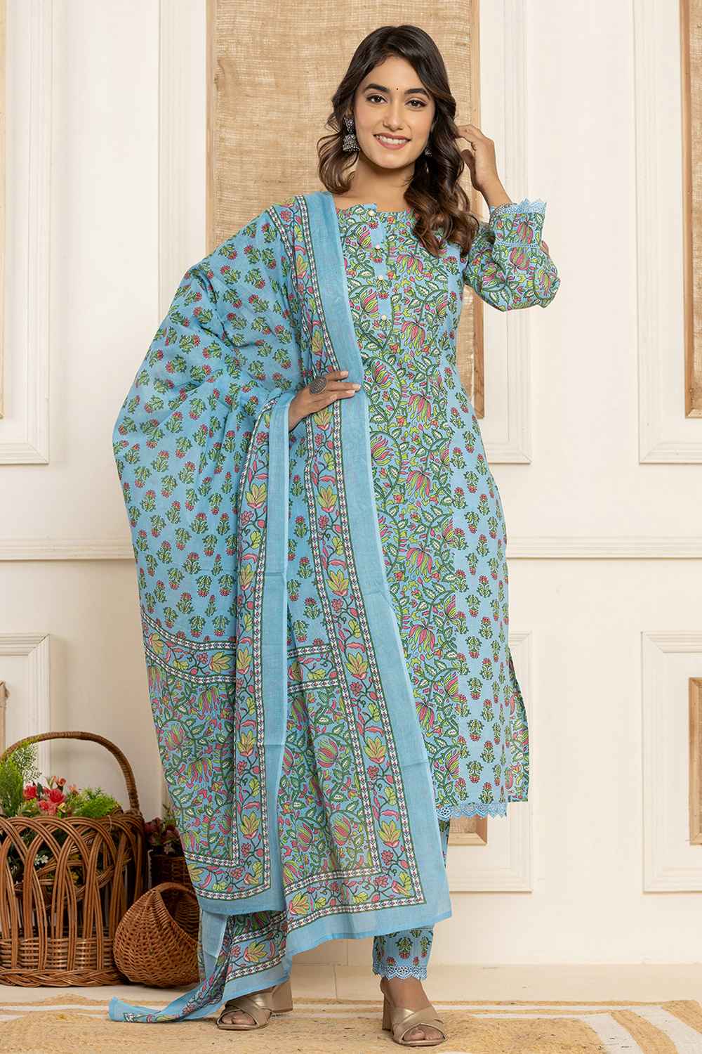 Blue Geometric print Pure Cotton Kurta Set