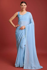 Sky Blue Crush Organza Swarovski Saree