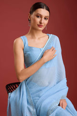 Sky Blue Crush Organza Swarovski Saree