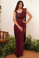 Red Embellished Lycra Saree With Free Size Blouse