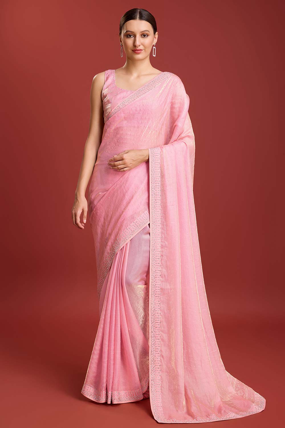 Peach Organza Silk Swarovski Saree