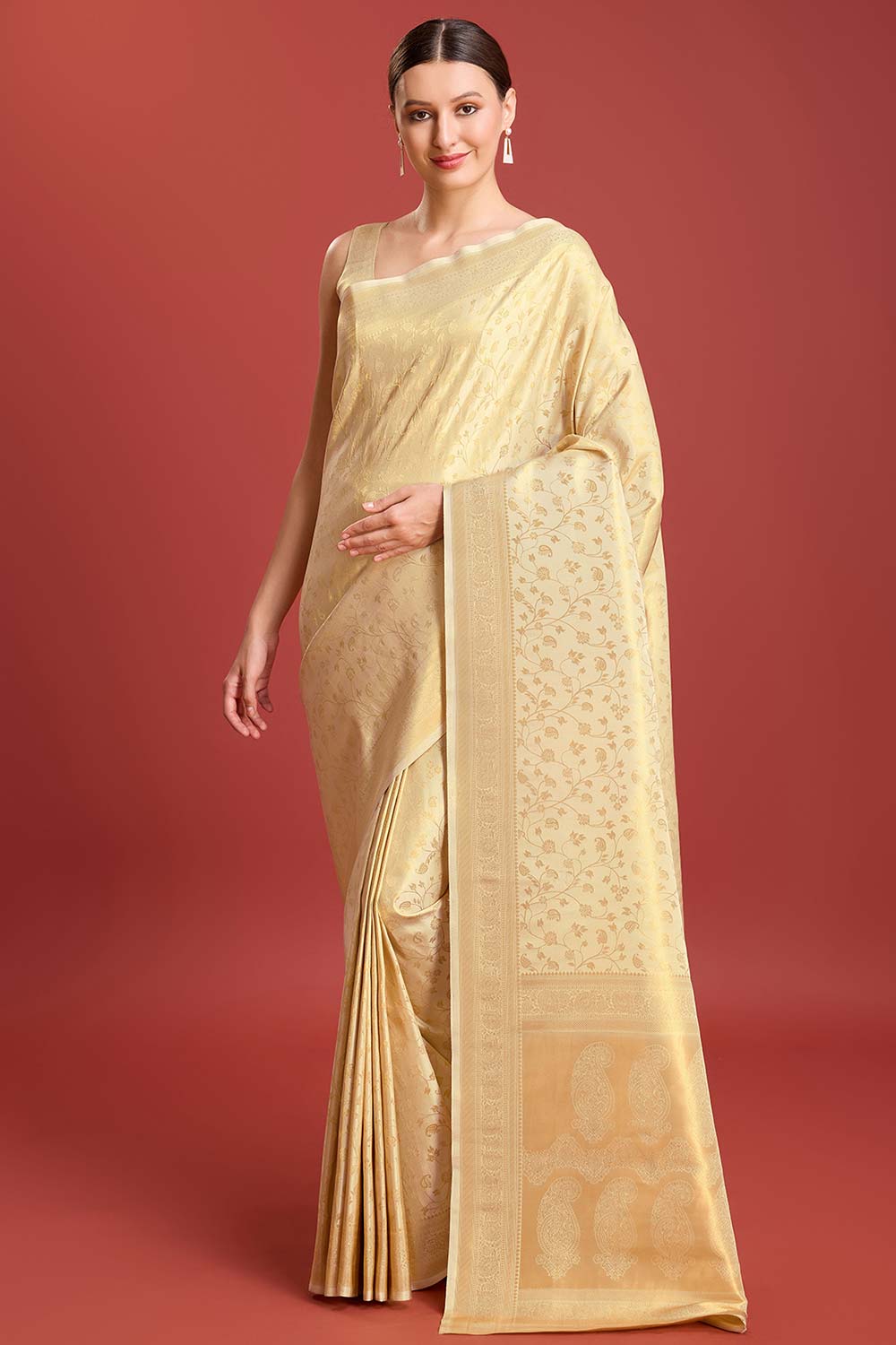 Beige Silk Woven Saree