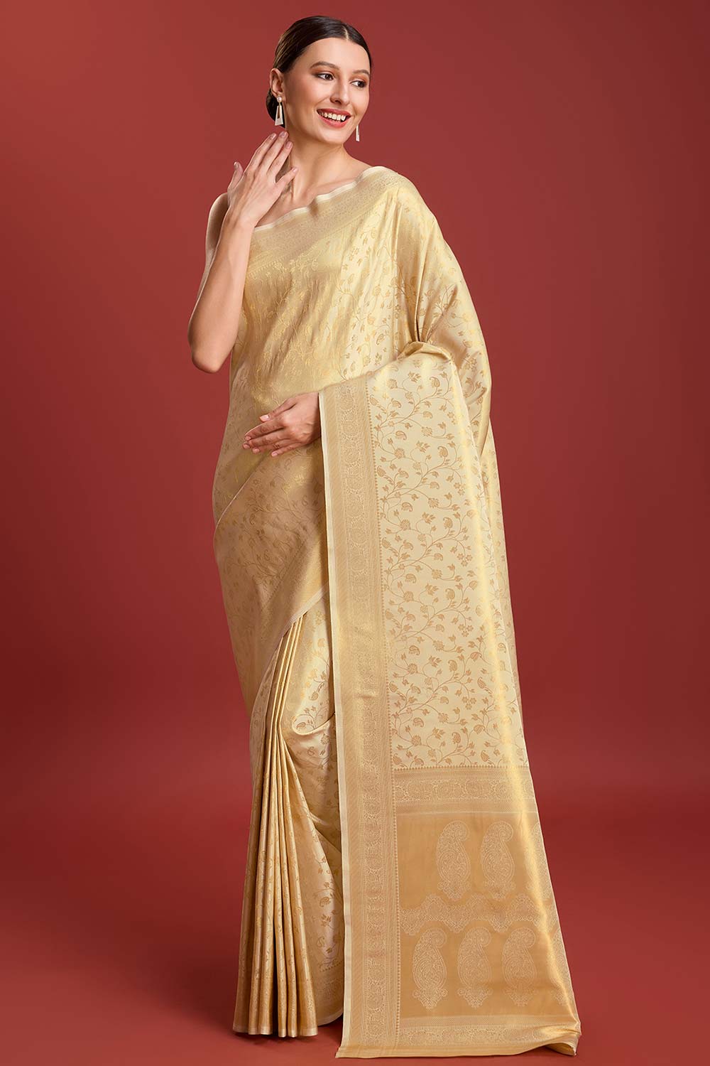 Beige Silk Woven Saree