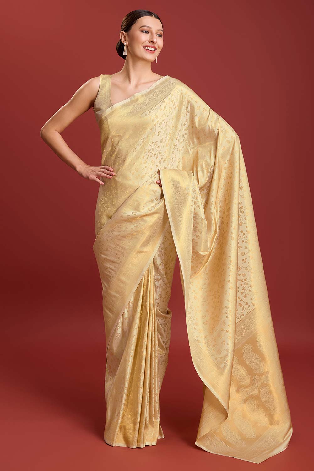 Beige Silk Woven Saree