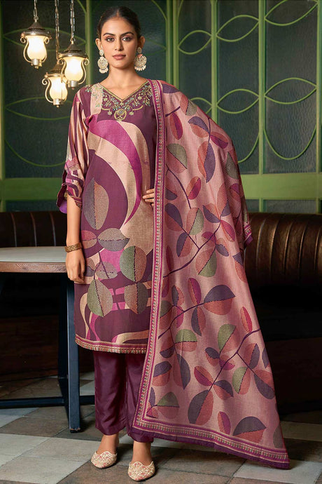 Purple Viscose Silk Embroidered Salwar Suit