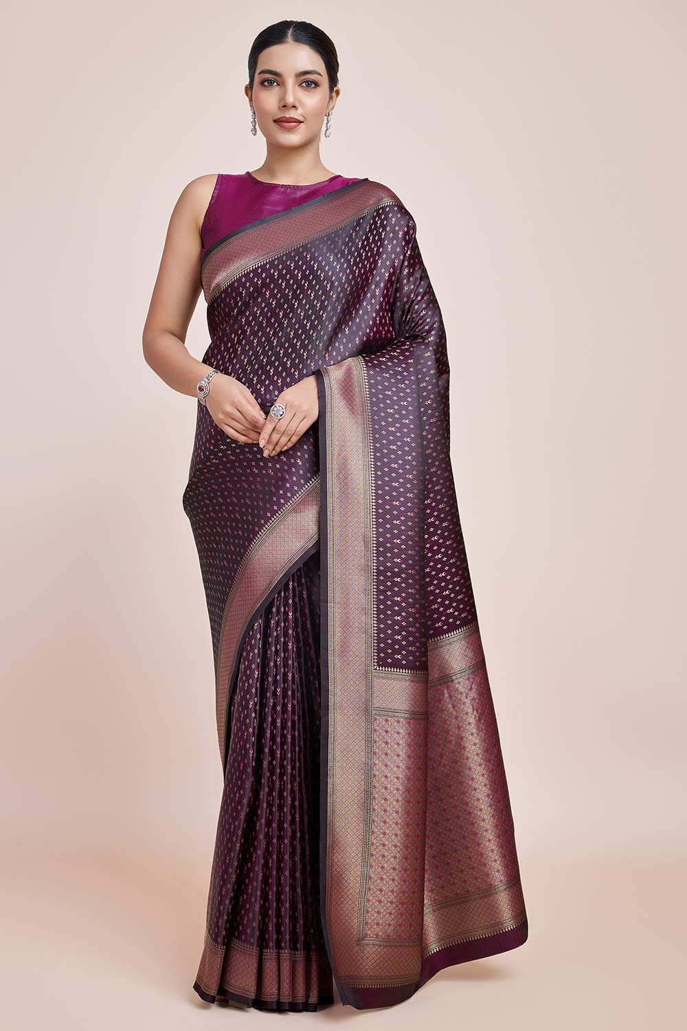 Wine Color Zari Woven Banarasi Satin Silk Saree