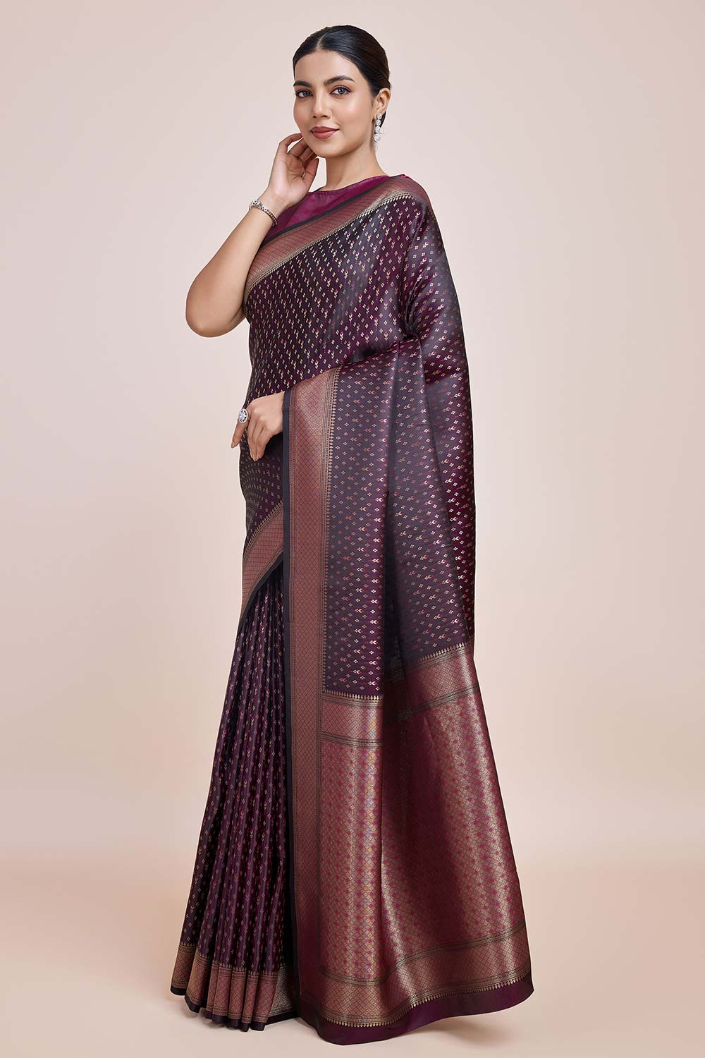 Wine Color Zari Woven Banarasi Satin Silk Saree