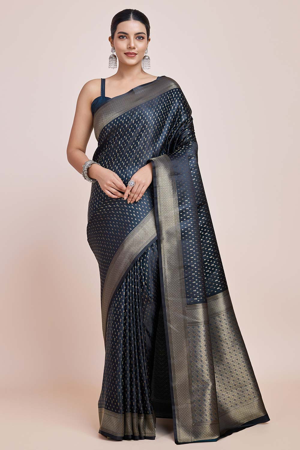 Dark Teal Color Zari Woven Banarasi Satin Silk Saree