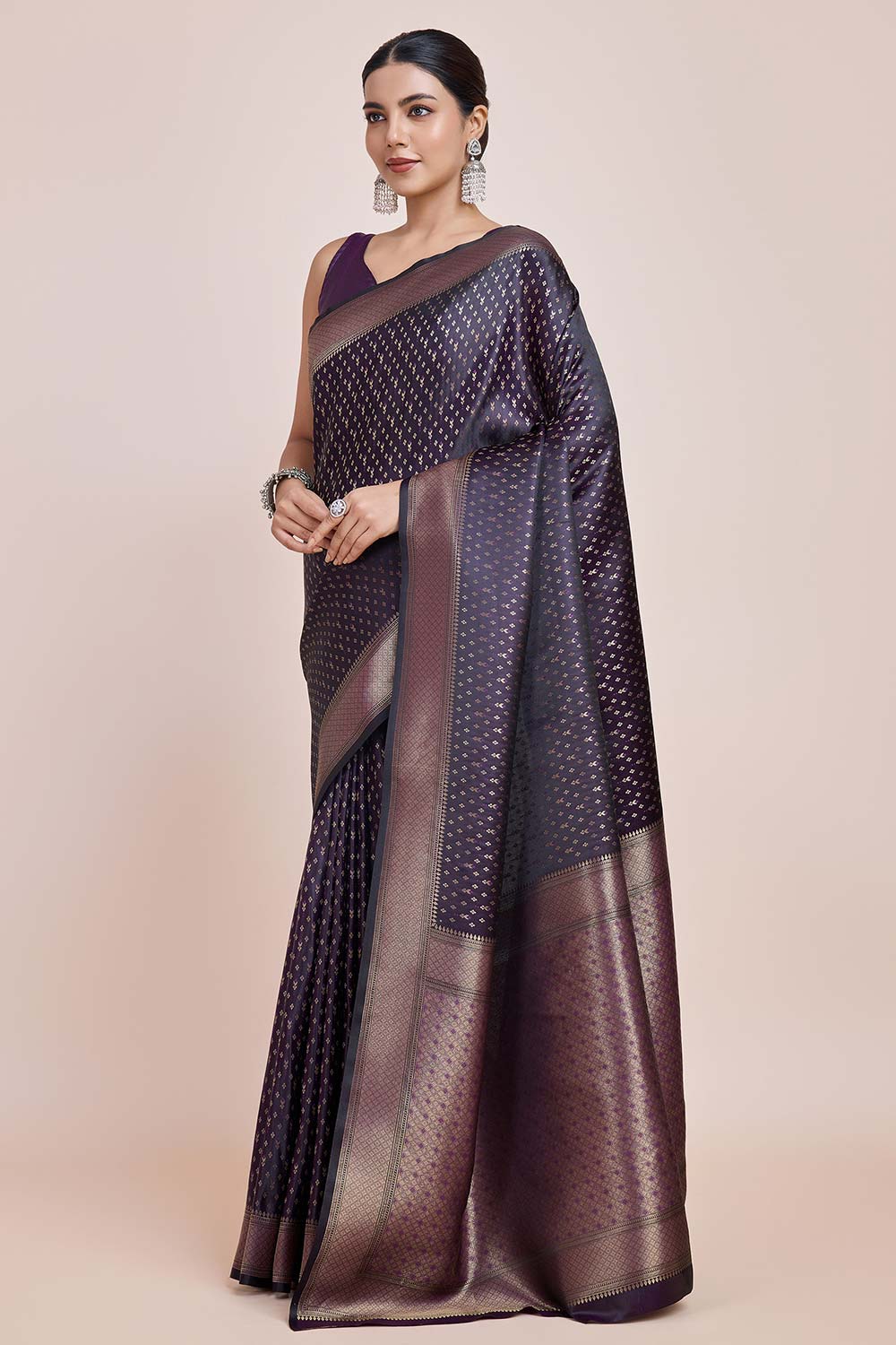 Dark Purple Color Zari Woven Banarasi Satin Silk Saree