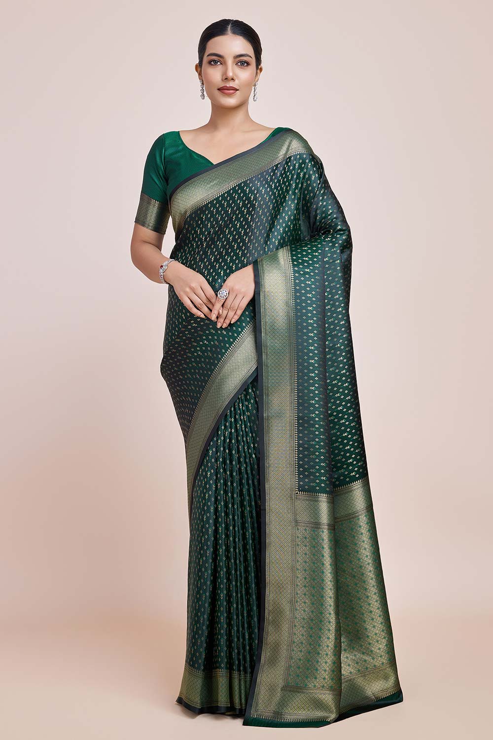 Dark Green Color Zari Woven Banarasi Satin Silk Saree