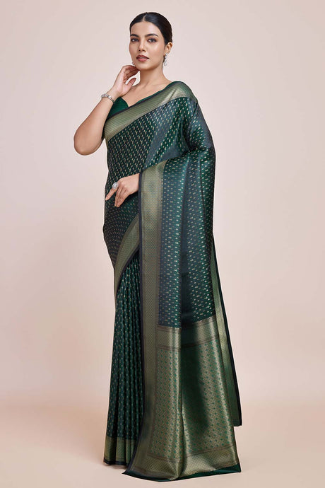 Dark Green Color Zari Woven Banarasi Satin Silk Saree