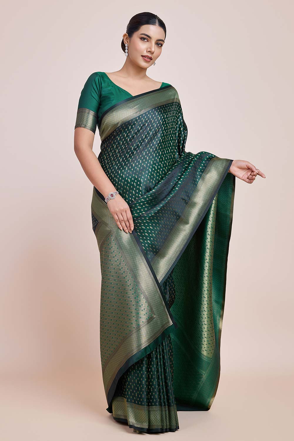 Dark Green Color Zari Woven Banarasi Satin Silk Saree