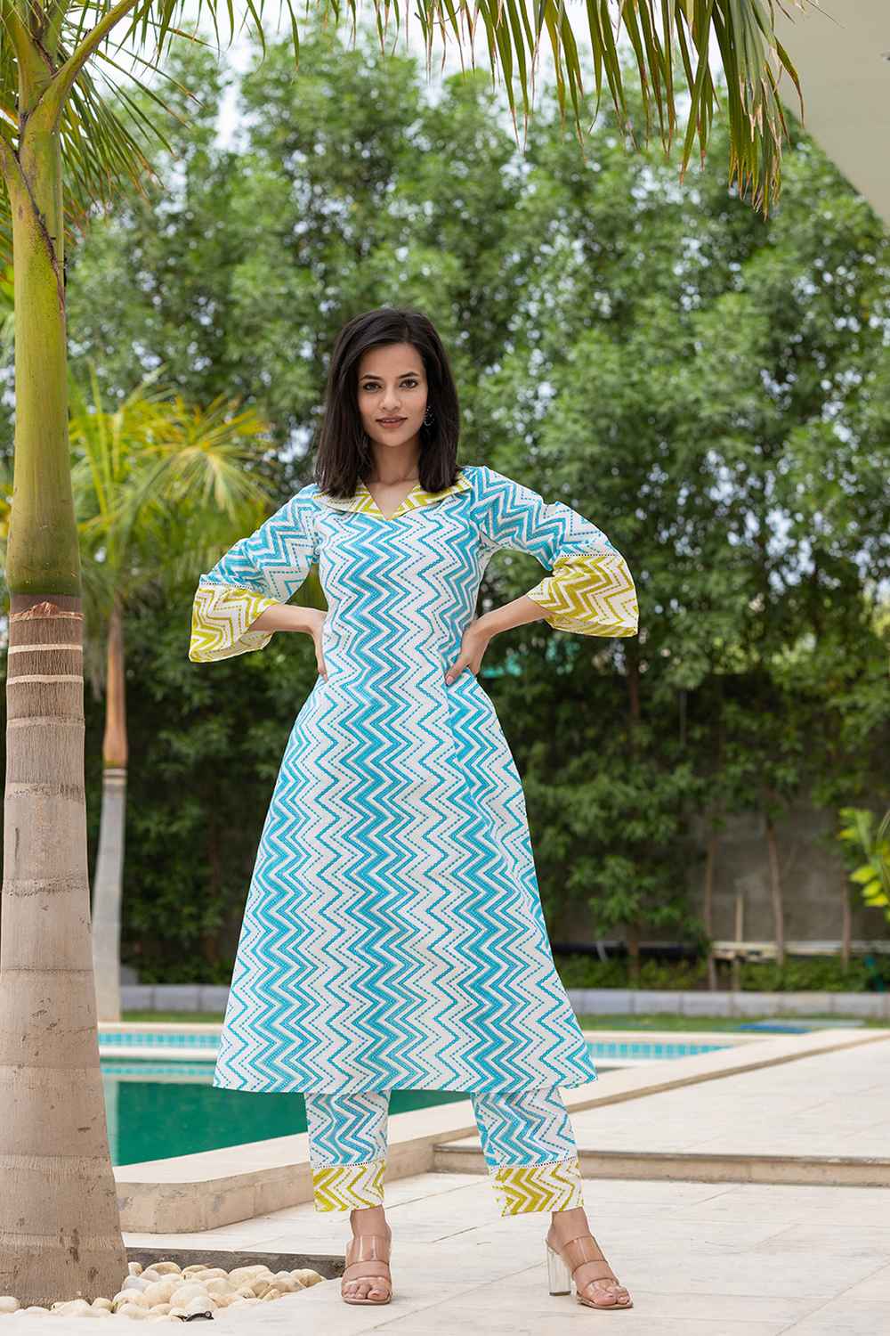 Blue Chevron Print Pure Cotton Kurta Set