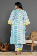 Blue Chevron Print Pure Cotton Kurti Set