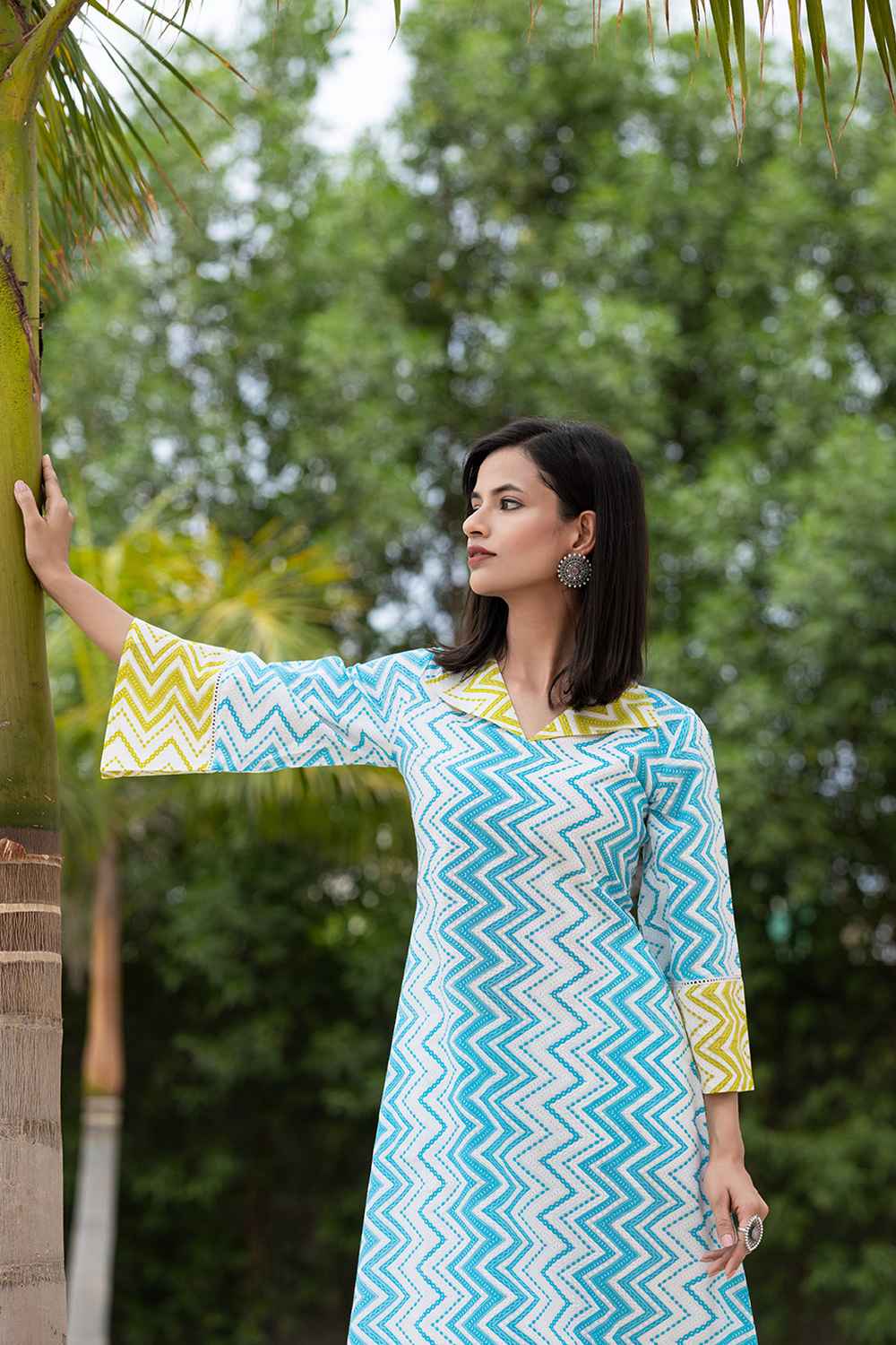 Blue Chevron Print Pure Cotton Kurta Set