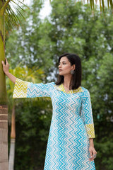 Blue Chevron Print Pure Cotton Kurti Set