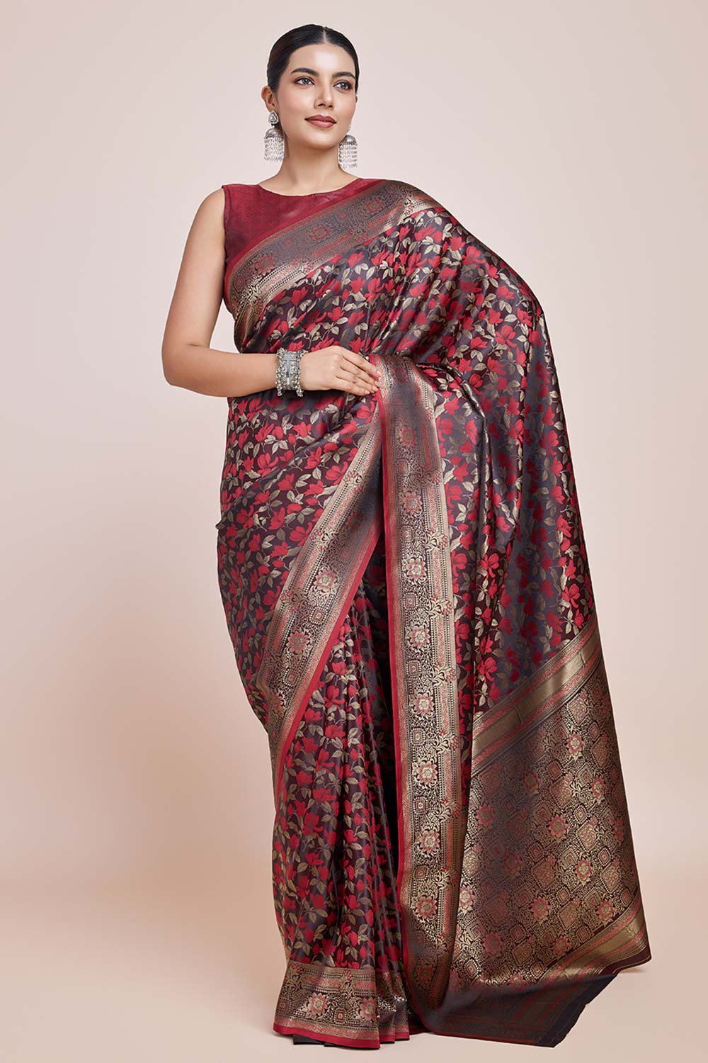 Maroon Banarasi Satin Silk Woven Saree