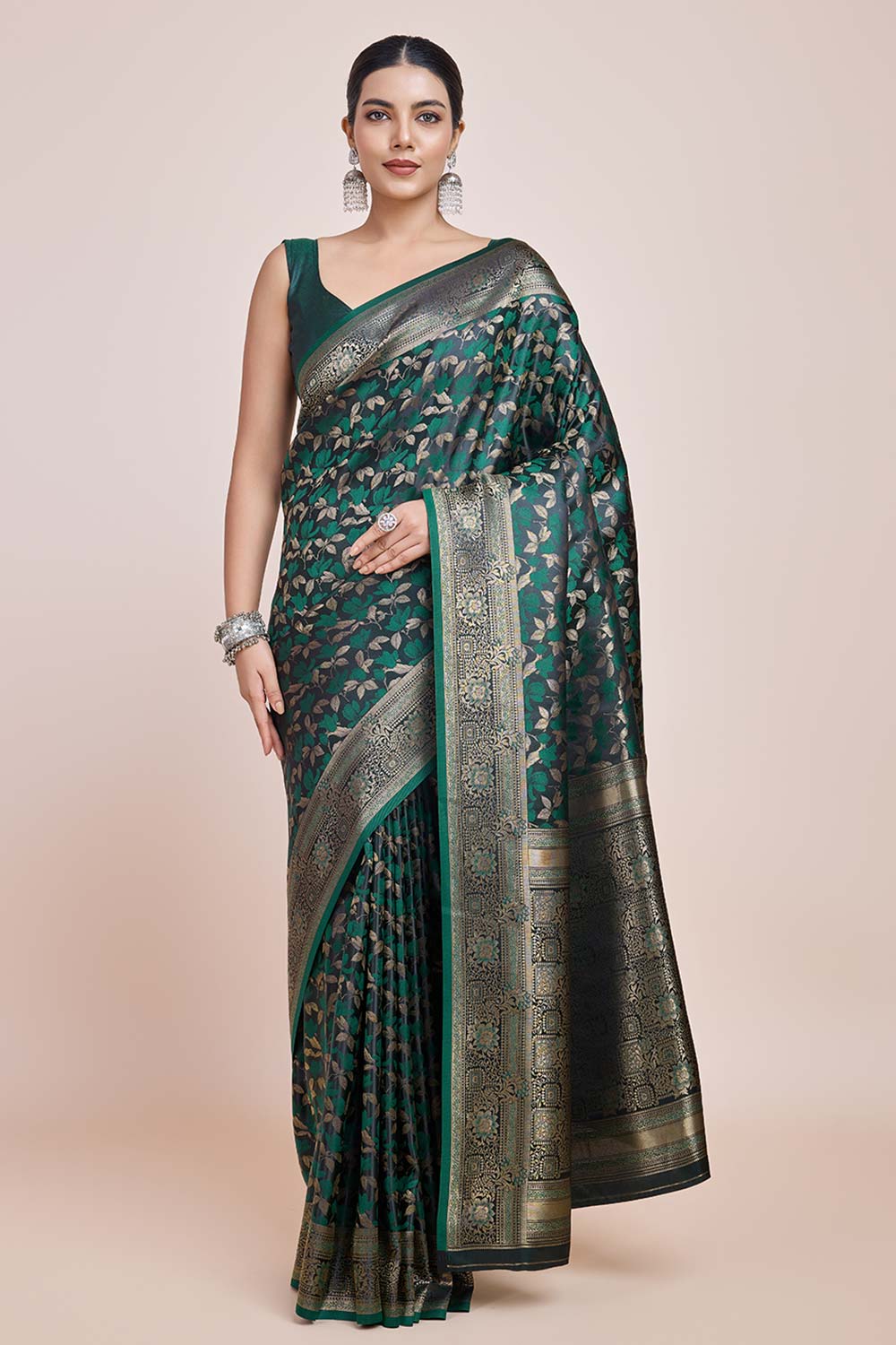 Dark Green Banarasi Satin Silk Woven Saree